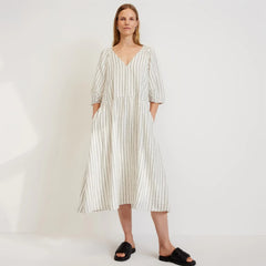 The Linen Oversized Puff-Sleeve Dress | Black / Canvas Tan