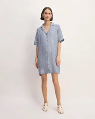 The Shirtdress in Linen | White / Blue