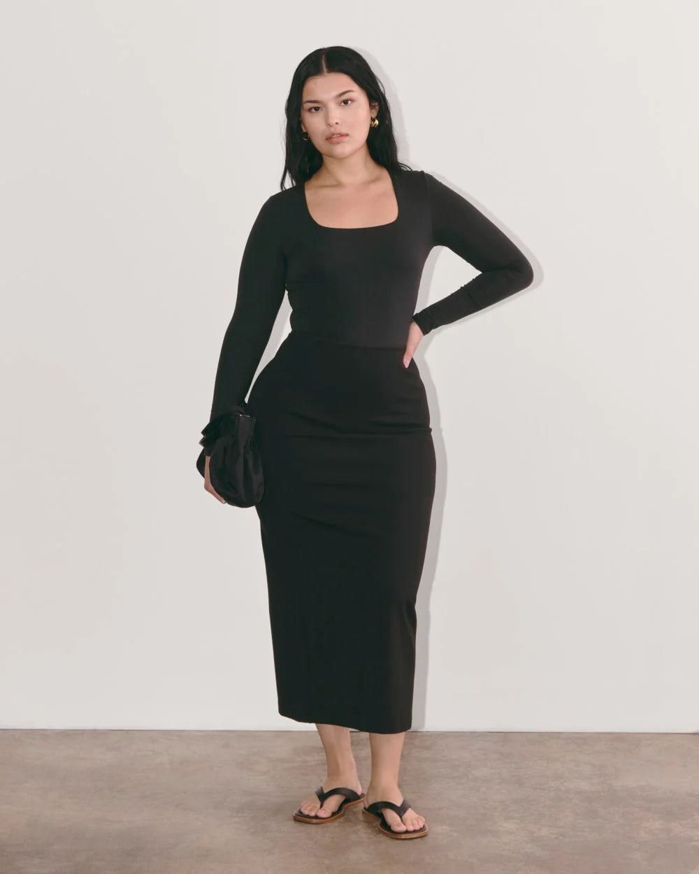 The Long-Sleeve Supima® Square-Neck Bodysuit | Black | Thong