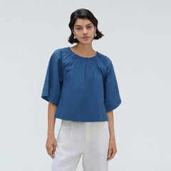 The Seersucker Gathered Tee | Deep Blue