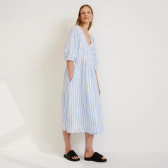 The Linen Oversized Puff-Sleeve Dress | Blue / White