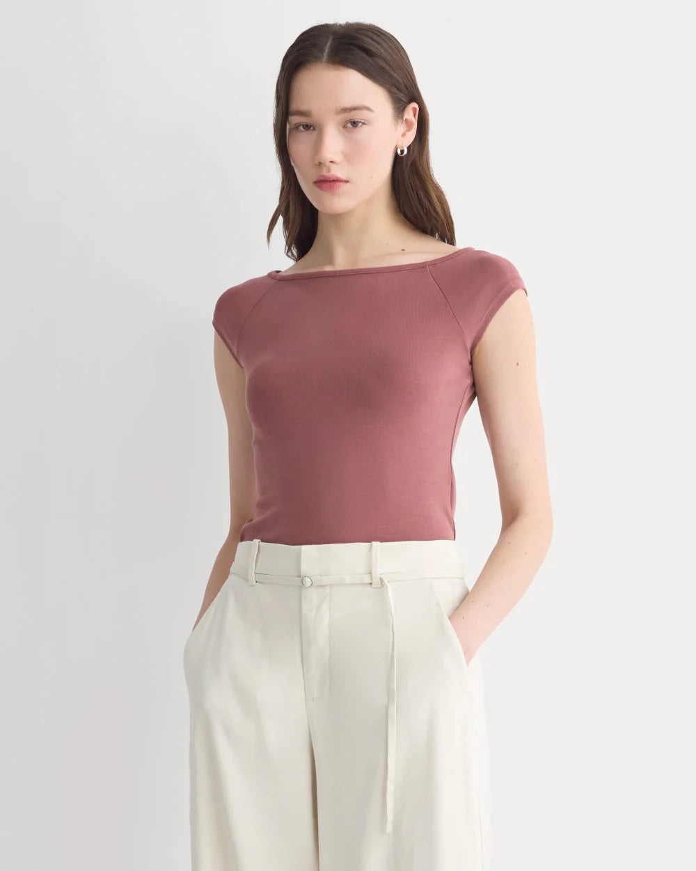 Boatneck Cap-Sleeve Top in Butterknit | Henna Red