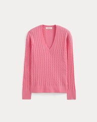 The Cable V-Neck in Cotton Cashmere | Deep Pink
