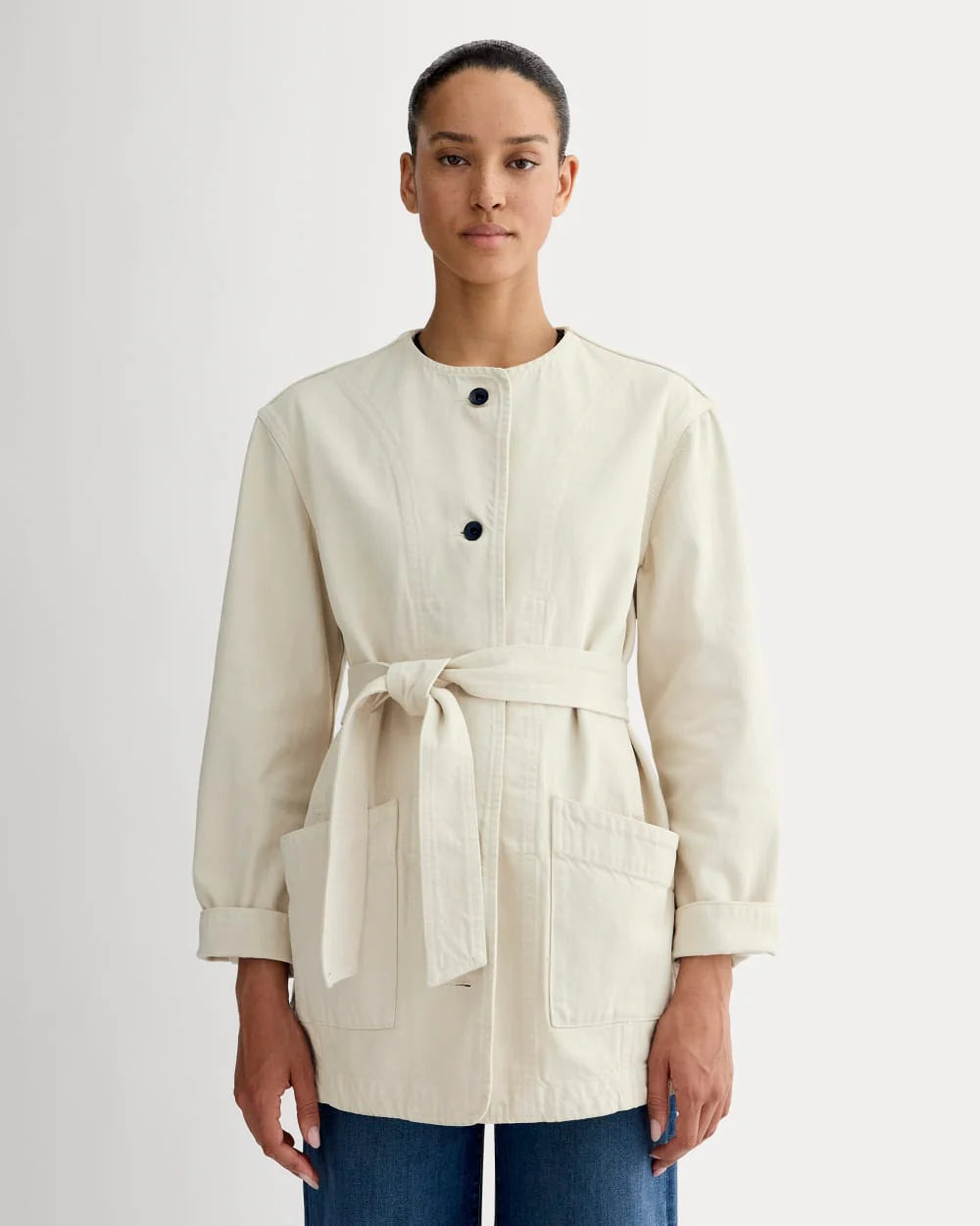 The Long Denim Barrel Jacket | Garment-Dyed Sand