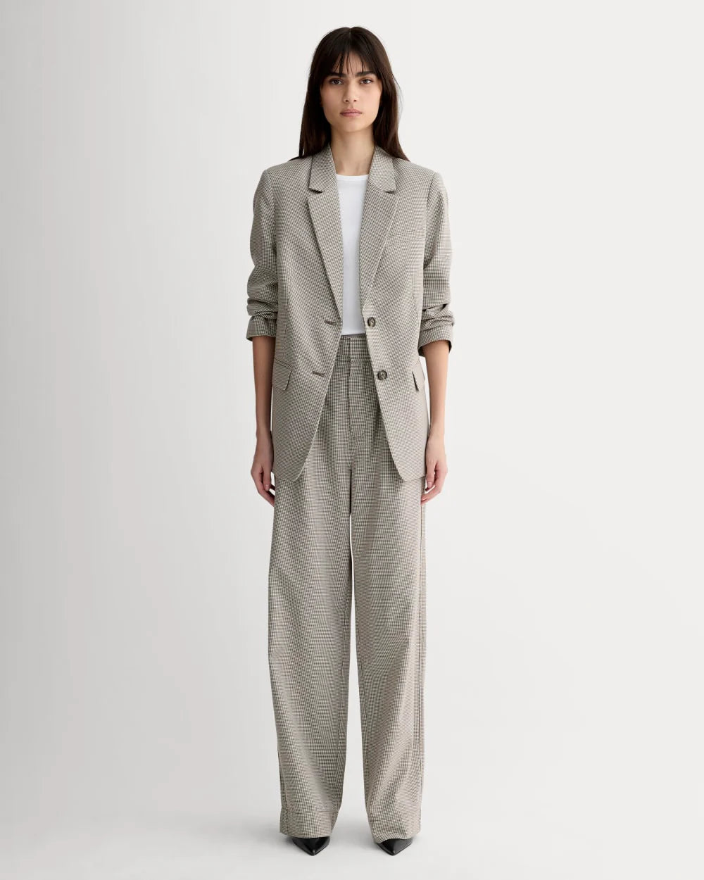 The Draper Pleated Pant in Buttersmooth | Deep Taupe Mini Gingham  | 32" Inseam