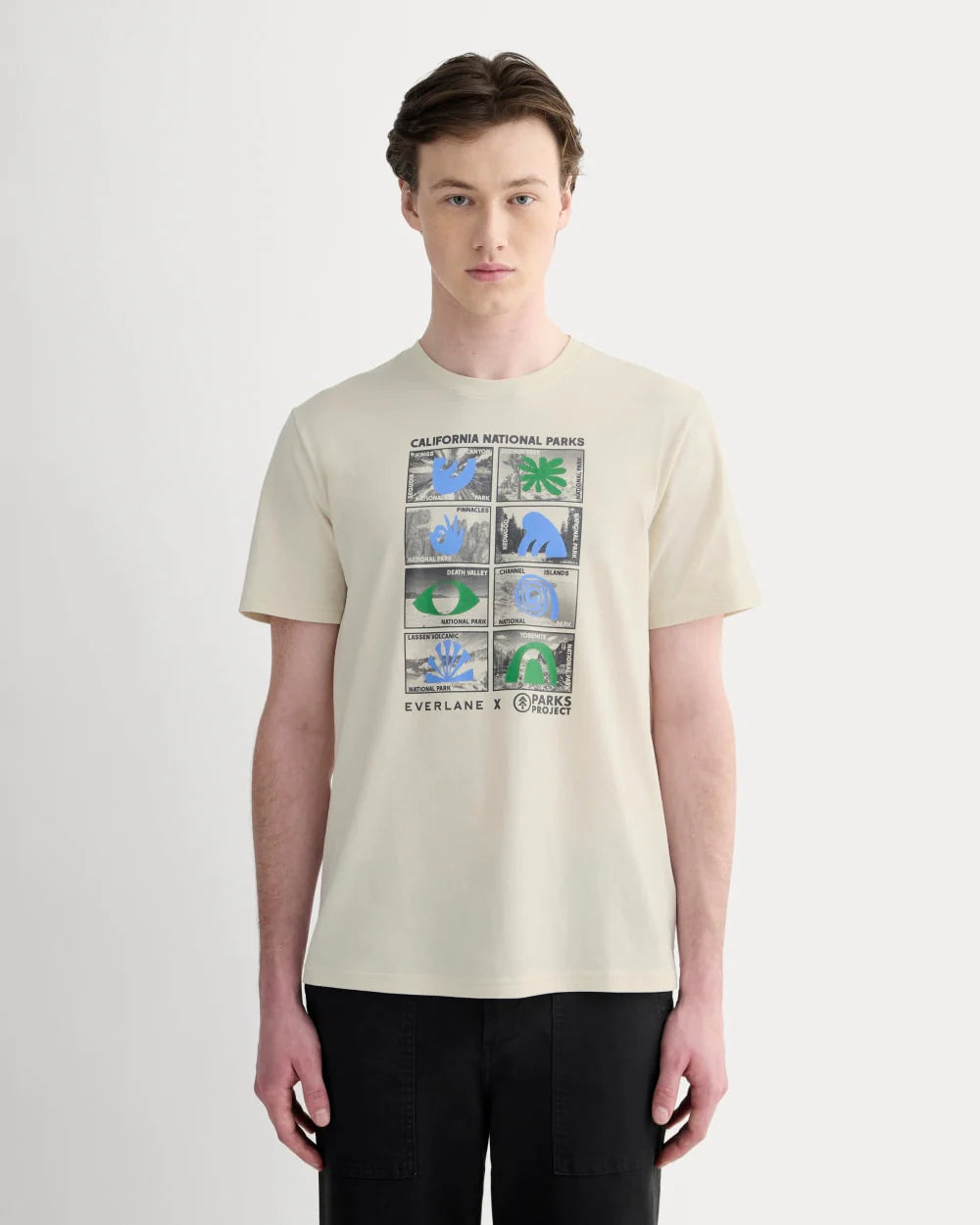 The Everlane x Parks Project Essential Organic Crew | Forged Iron / Birch / Granada Sky Blue / Green