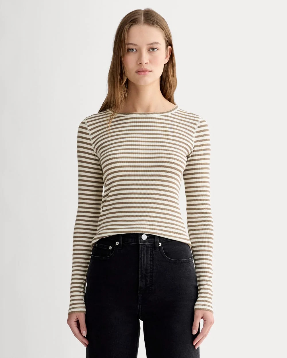 The Luxe Rib Long-Sleeve Crew | Bone / Deep Taupe