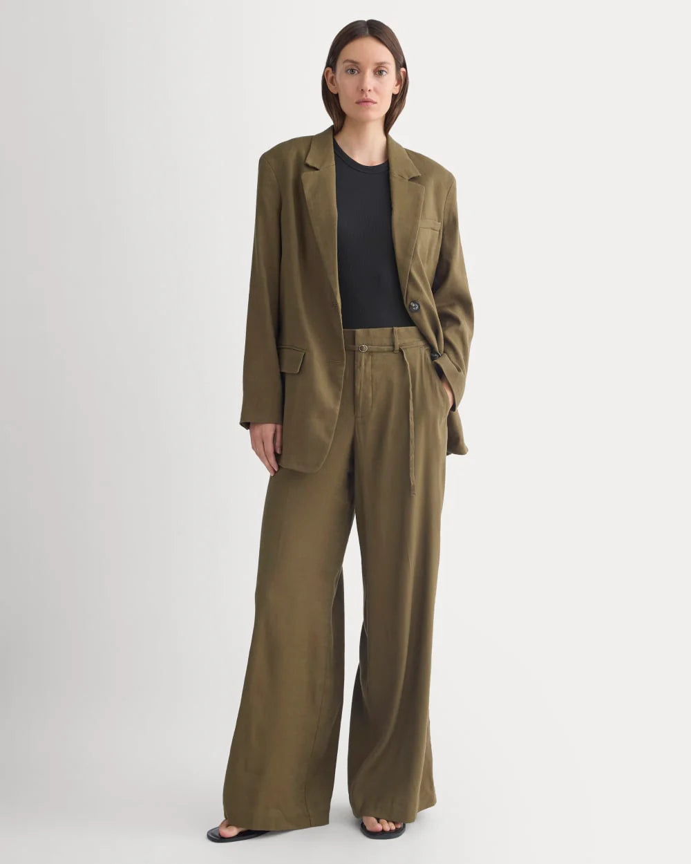 Wide-Leg Belted Pant in Stretch Linen | Beech | Regular