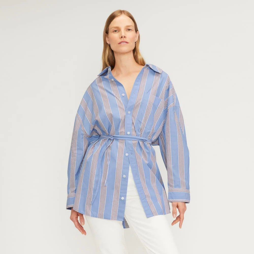 The Poplin Tie Back Shirt | Blue Opal / Cabernet / White